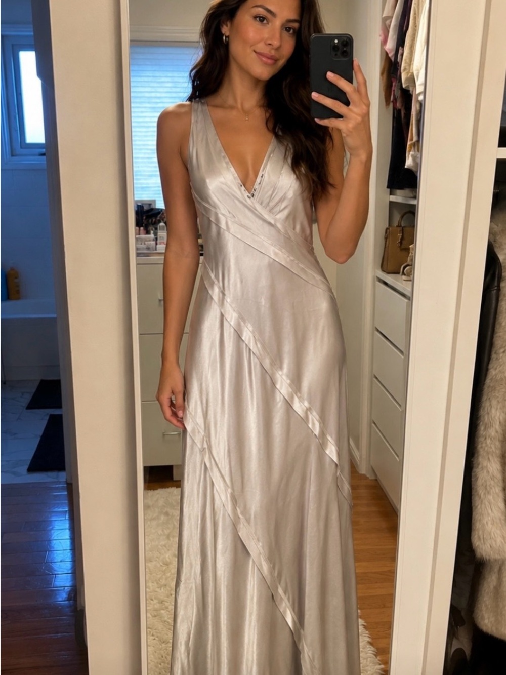 Zara Silver Satin V-Neck Maxi Dress